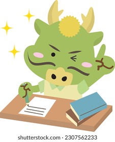 A dragon pointing to a point while working on documents