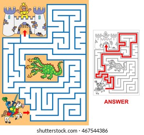 Dragon (portrait). Help knight to find a right way to princess. Mind the dragon! Labyrinth for kids.