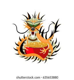 Dragon with a pot of gold coin flat on a white background Isolated vector illustration