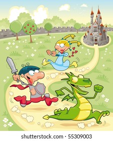 Dragon, Prince and Princess with background. Cartoon and vector scene.