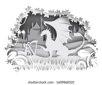 Dragon and princess playing harp, magical and imaginary fairy tale character silhouettes, vector illustration. Fairytale composition in paper art craft style.