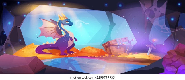 Dragon protects gold or treasure. Fairytale animal with wings in cave with jewelry, coins and sword. Mythical creature from computer game, book or medieval story. Cartoon flat vector illustration