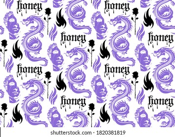 Dragon purple moderm seamless pattern on the white backgrpund