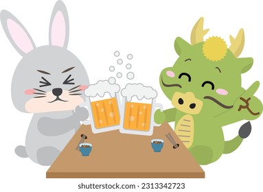 A dragon and a rabbit toast with beer at a banquet such as a year-end party or a new year's party.