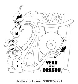 Dragon and rabbit zodiac signs in cartoon style. Chinese new year 2023 and 2024 symbols doodle sketch isolated on a white background. Cute animals for coloring book page. Vector illustration