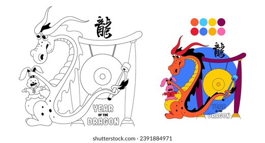 Dragon and rabbit zodiac signs in cartoon style. Chinese new year 2023 and 2024 symbols doodle sketch isolated on a white background. Cute animals for coloring book page. Vector illustration