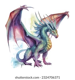 Dragon in rainbow colors 2024 year animal symbol vector illustration in watercolor style. 2024 New Year dragon with wings