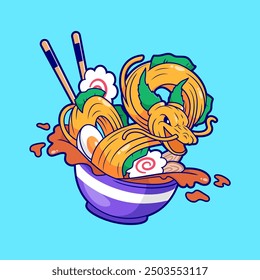 Dragon Ramen Noodle With Chopstick Cartoon Vector Icon Illustration. Animal Food Icon Concept Isolated Premium Vector. Flat Cartoon Style