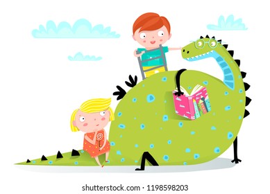 Dragon Reading Book to Boy and Girl. Fairy tale dragon reading a book to children cartoon.