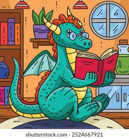 Dragon Reading a Book Colored Cartoon Illustration