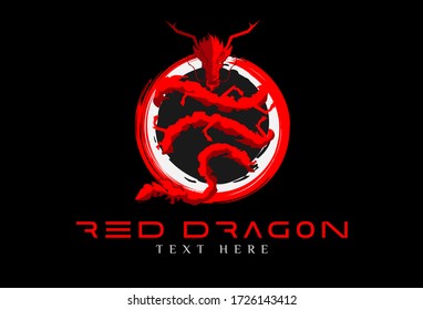 Dragon in red surrounds the ball, brush logo design