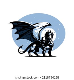 Dragon rider. Nazgul. Dragon against the background of the moon and starry sky.