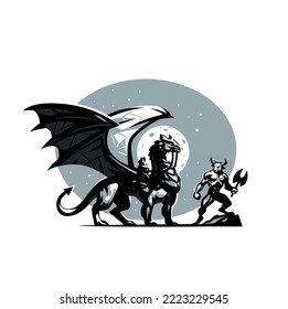 Dragon rider. Nazgul. Dragon against the background of the moon and starry sky.