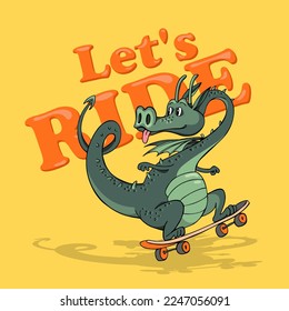 Dragon rides a skateboard. Сartoon character. Humor card, t-shirt composition, hand drawn style print. Vector illustration.