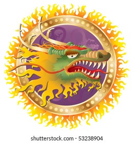 Dragon in ring of fire. Vector.