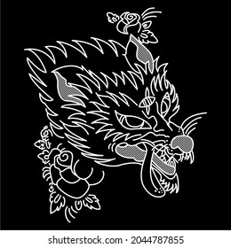 Dragon And Roses Line Art Vector Illustration