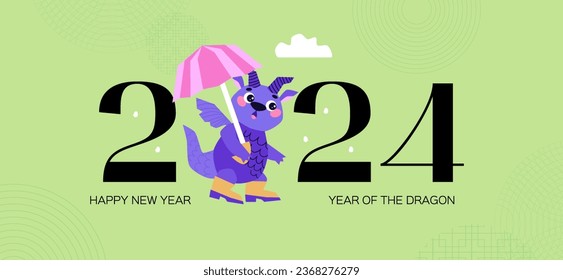 Dragon in rubber boots with an umbrella. Happy Chinese New Year 2024. Year of the Dragon. Lunar new year celebration concept for greeting card. Green Banner template. Vector