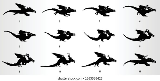 Dragon Run Cycle Animation Frames Silhouette, Loop Animation Sequence Sprite Sheet 