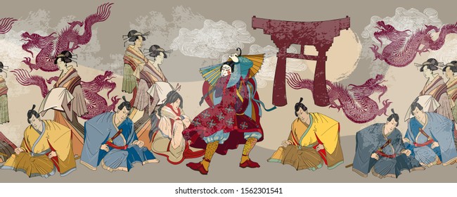 Dragon, samurai and geishas. Ancient illustration. Classical engraving art. Asian culture. Japanese horizontal seamless pattern. Kabuki actors. Medieval Japan background 