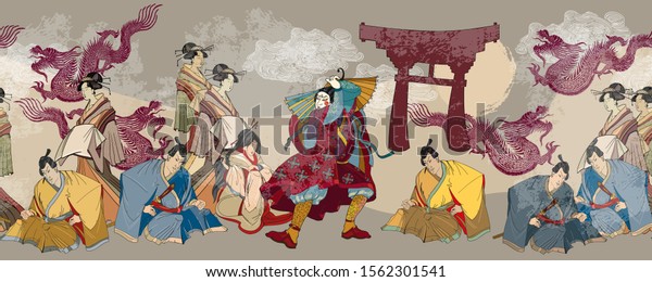 Dragon, samurai and geishas.\
Ancient illustration. Classical engraving art. Asian culture.\
Japanese horizontal seamless pattern. Kabuki actors. Medieval Japan\
background 