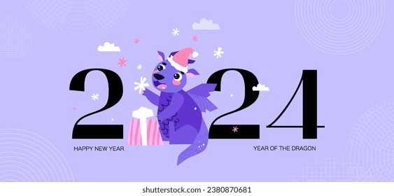 Dragon in a santa hat holds a snowflake and wraps presents. Happy Chinese New Year 2024. Year of the Dragon. Lunar new year concept for greeting card. Purple Banner. Vector