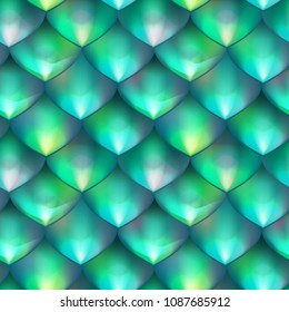 Dragon Scales Vector. 3d Green Fish Scales. Bright Seamless Pattern With Reptilian Scales.