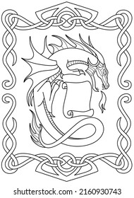 Dragon with a scroll in a frame of Celtic ornament - a vector linear picture for coloring. Outline. Fantasy coloring book with a fire-breathing dragon and an ornament