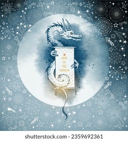 Dragon with scroll, the moon and night sky background with fireworks. Symbol of the chinese new year 2024