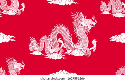 Dragon seamless pattern on red background. Vector illustration.