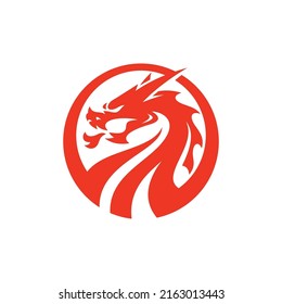Cabeza de serpiente dragón, diseño del logo del emblema circular. Icono del vector del dragón rojo