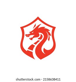 Dragon Serpent And Shield Logo Design. Dragon Badge Vector Icon