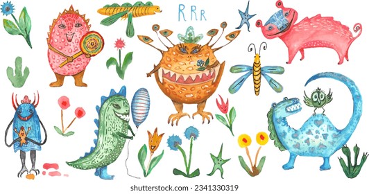 Dragon set of 20 elements. Painted in watercolor. You can create patterns, greeting cards and children's illustrations yourself