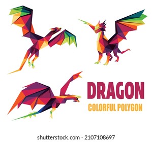 Dragón colocado en polígono colorido abstracto. Dragón furioso en el colorido poste bajo. Logo de la colección de dragones voladores