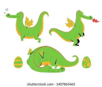 Dragon set. Cute cartoon dragons and dragon eggs isolated on a white background. Vector illustration