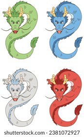 Dragon set of different colors. Vector illustration.