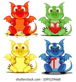 Dragon set: red, blue, yellow and green. Vector illustration on the theme of fantasy.