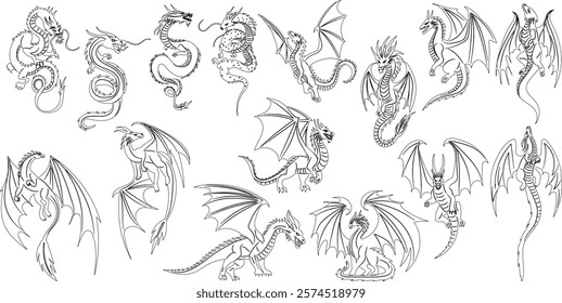 dragon set sketch on white background vector