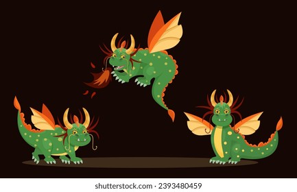 Dragon set. Year of the Dragon. Happy New Year 2024 greeting card. Cute green dragon. Happy New Year, dragon. Chinese symbol. 