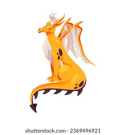 Dragon with sharp tail, fairy tale ancient animal, prehistoric chinese creature, yellow old dinosaur reptile. Vector illustration of korean legend dragon with wings, fantasy wild lizard