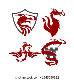 Dragon Shield Castle Logo Design Mascot Template Vector Set