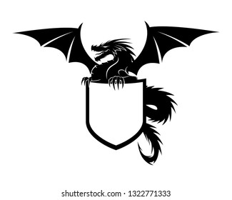 Dragon with shield sign on white background.