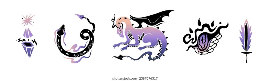 Dragon silhouette black isolated on white. Sword, eyes  and precious stones . Funny sticker gradient. Hand drawn mythology fantasy. New year web icon. Decoration fire and collar. 