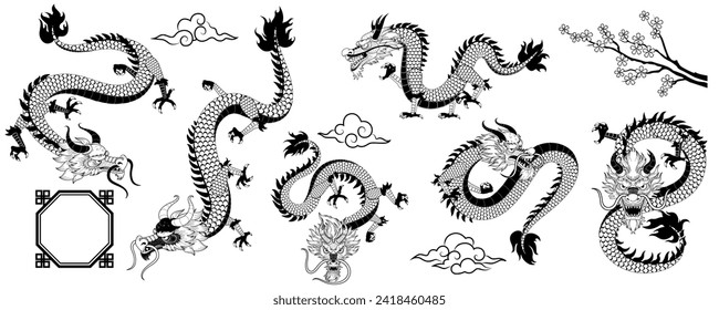 Dragon silhouette Celtic. New Year 2024, Chinese oriental cut, logo festival art Asia, Japanese card culture. Sakura flowers and clouds. Isolated astrology decorative elements. Vector tattoo set