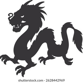Dragon silhouette, Chinese zodiac, horoscope symbol, icon. Black oriental monster, magic fantasy legend animal shadow profile, side view. Flat graphic vector illustration isolated on white background