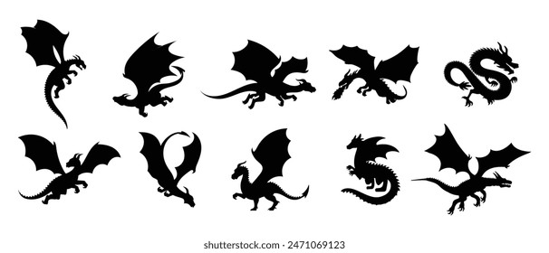 Dragon Silhouette. Dragon Crest Wings great set collection clip art Silhouette, dragon tattoo designs, Black vector illustration on white background .