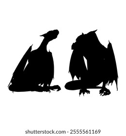 Dragon Silhouette. Dragon Crest Wings great set collection clip art Silhouette, dragon tattoo designs, Black vector illustration on white background .