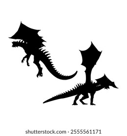 Dragon Silhouette. Dragon Crest Wings great set collection clip art Silhouette, dragon tattoo designs, Black vector illustration on white background .