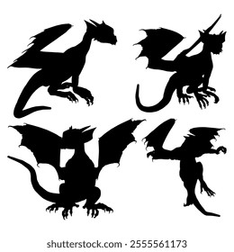 Dragon Silhouette. Dragon Crest Wings great set collection clip art Silhouette, dragon tattoo designs, Black vector illustration on white background .