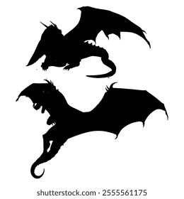 Dragon Silhouette. Dragon Crest Wings great set collection clip art Silhouette, dragon tattoo designs, Black vector illustration on white background .