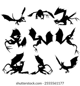 Dragon Silhouette. Dragon Crest Wings great set collection clip art Silhouette, dragon tattoo designs, Black vector illustration on white background .